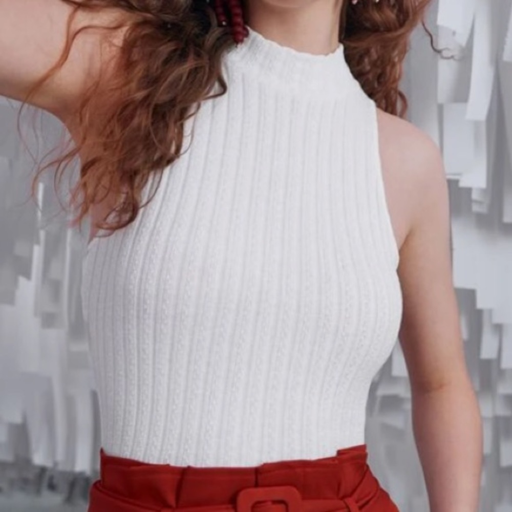 White Slim Mock Neck Ribbed Tank Top in L